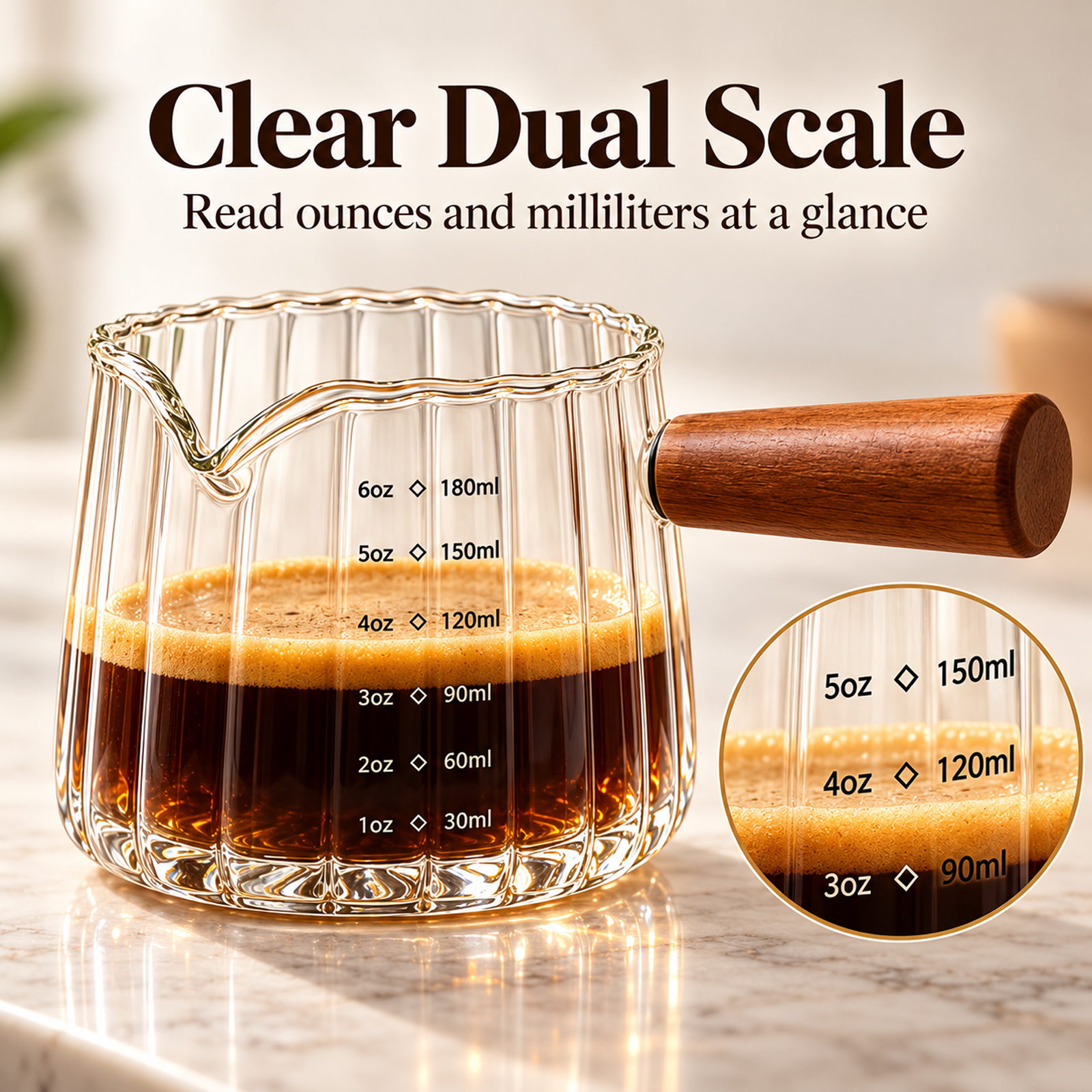 2 Pack Espresso Measuring Cup 6 Oz, Glass Espresso Cup with Wood Handle, Espresso Shot Glass for Coffee Milk Tea, Glass Measuring Cup Milk Frothing Cup for Barista Serving - Image 4