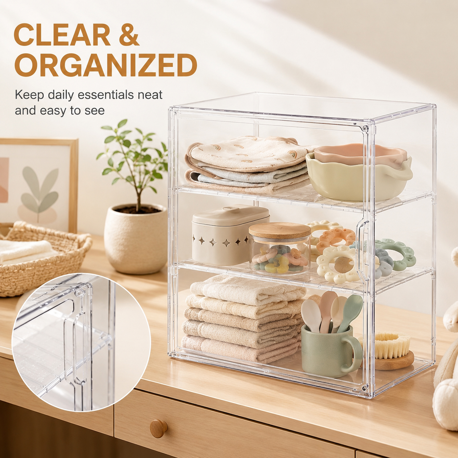 Clear Baby Bottle Storage Organizer, 3-Tier Acrylic Countertop Cabinet Organizer with Adjustable Shelves, Removable Dividers and Magnetic Door - Image 4