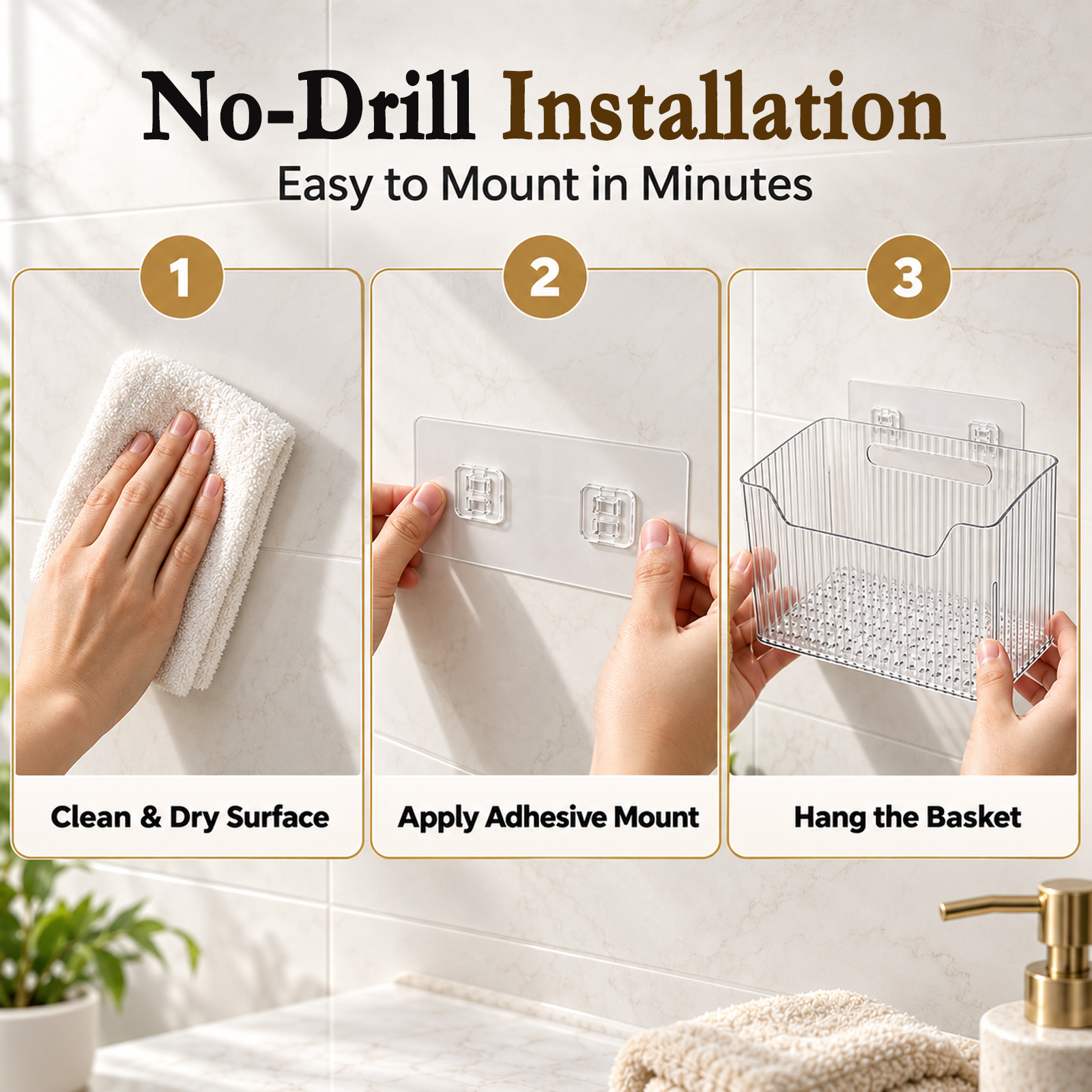 2 Pack Adhesive Cabinet Door Organizer, Clear Wall Shower Caddy Storage Basket for Bathroom Kitchen and Home Organization - Image 3