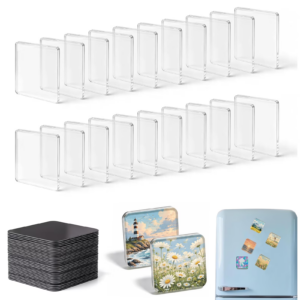 20 Pcs DIY Fridge Magnet Kit,2 Inch Square Clear Acrylic Photo Magnets with Adhesive Backing Crafts,Classroom,Cabinets,Kitchen for Refrigerator