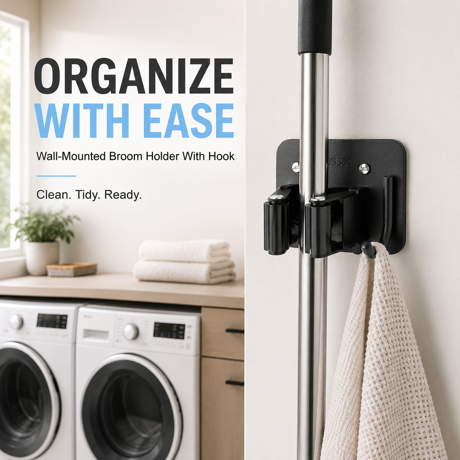 Stainless Steel Broom Holder Wall Mount, Drill-Mounted Mop and Broom Holder with 4 Grippers & 4 Hooks, Heavy Duty Tool Organizer Rack for Garage, Laundry Room, Kitchen, Garden and Shed, Black - Image 6