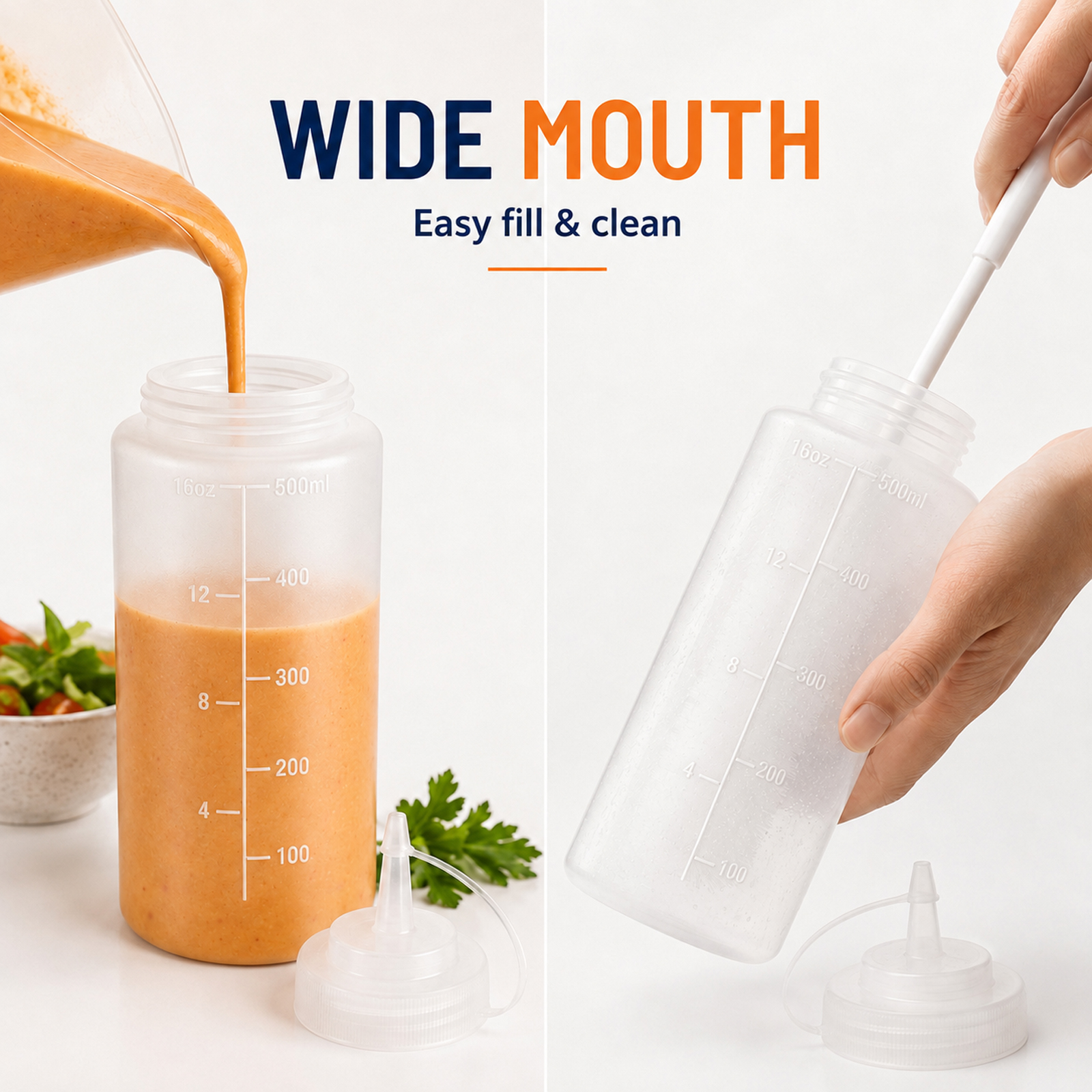 6 Pack 16 oz Condiment Squeeze Bottles for Sauces and Oil, Plastic Sauce Squeeze Bottle for Ketchup, Mustard, Mayo, Pancake Batter and Kitchen Condiments, Translucent - Image 5