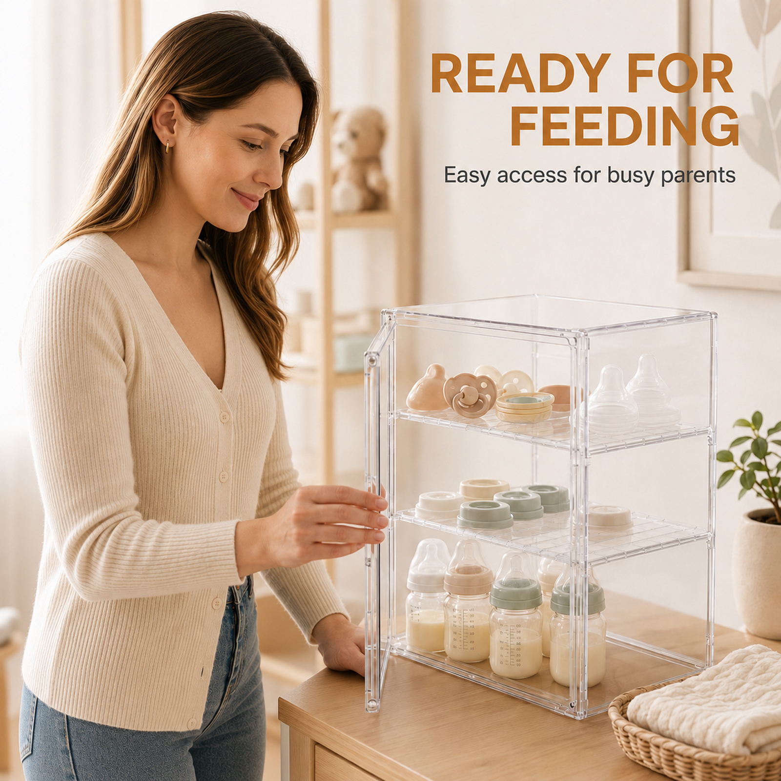 Clear Baby Bottle Storage Organizer, 3-Tier Acrylic Countertop Cabinet Organizer with Adjustable Shelves, Removable Dividers and Magnetic Door - Image 5