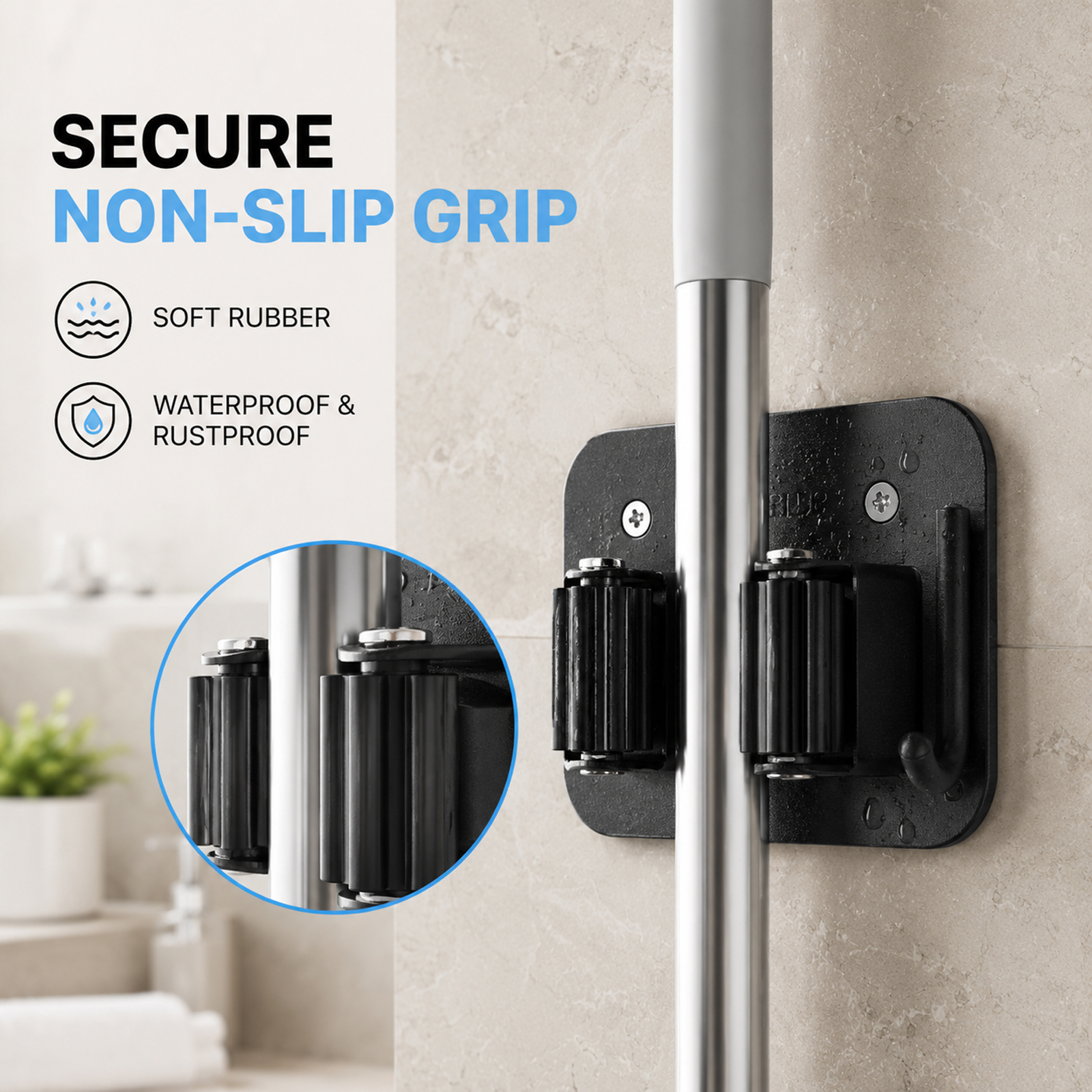 Stainless Steel Broom Holder Wall Mount, Drill-Mounted Mop and Broom Holder with 4 Grippers & 4 Hooks, Heavy Duty Tool Organizer Rack for Garage, Laundry Room, Kitchen, Garden and Shed, Black - Image 7