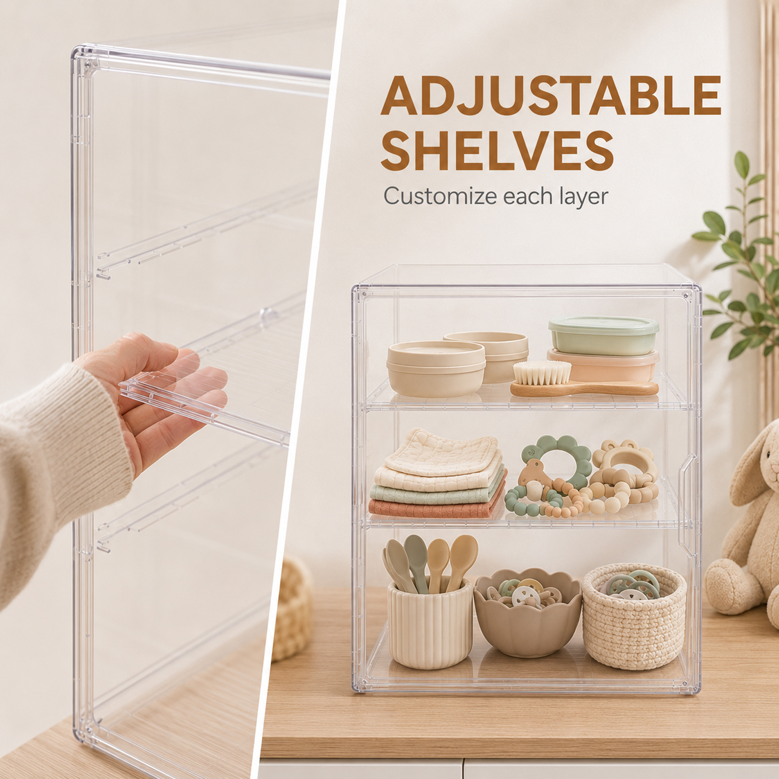 Clear Baby Bottle Storage Organizer, 3-Tier Acrylic Countertop Cabinet Organizer with Adjustable Shelves, Removable Dividers and Magnetic Door - Image 6
