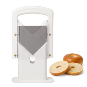 Bagel Slicer and Cutter, Manual Guillotine Bagel Slicer with Stainless Steel Serrated Blade and Clear Safety Shield, White, for Bagels, English Muffins, Buns and Rolls