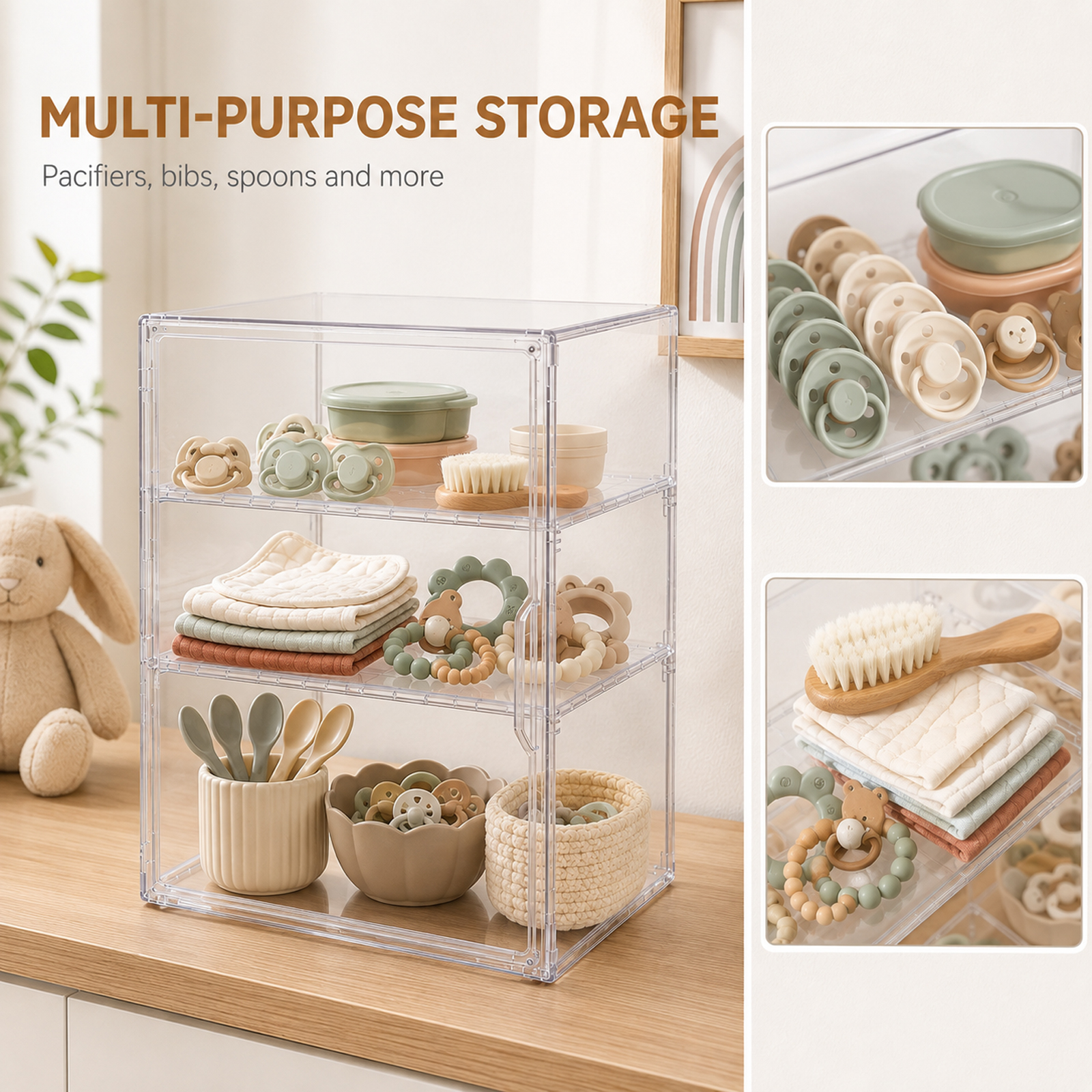 Clear Baby Bottle Storage Organizer, 3-Tier Acrylic Countertop Cabinet Organizer with Adjustable Shelves, Removable Dividers and Magnetic Door - Image 7