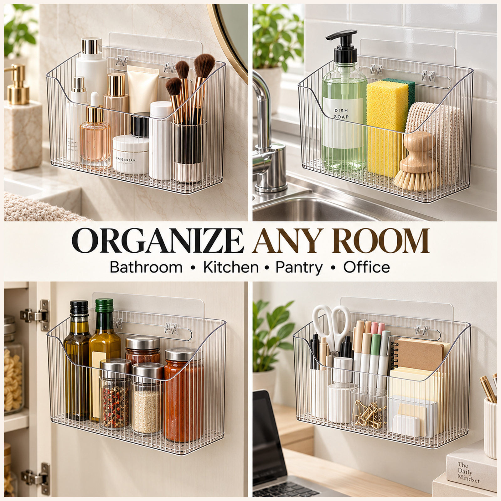 2 Pack Adhesive Cabinet Door Organizer, Clear Wall Shower Caddy Storage Basket for Bathroom Kitchen and Home Organization - Image 6