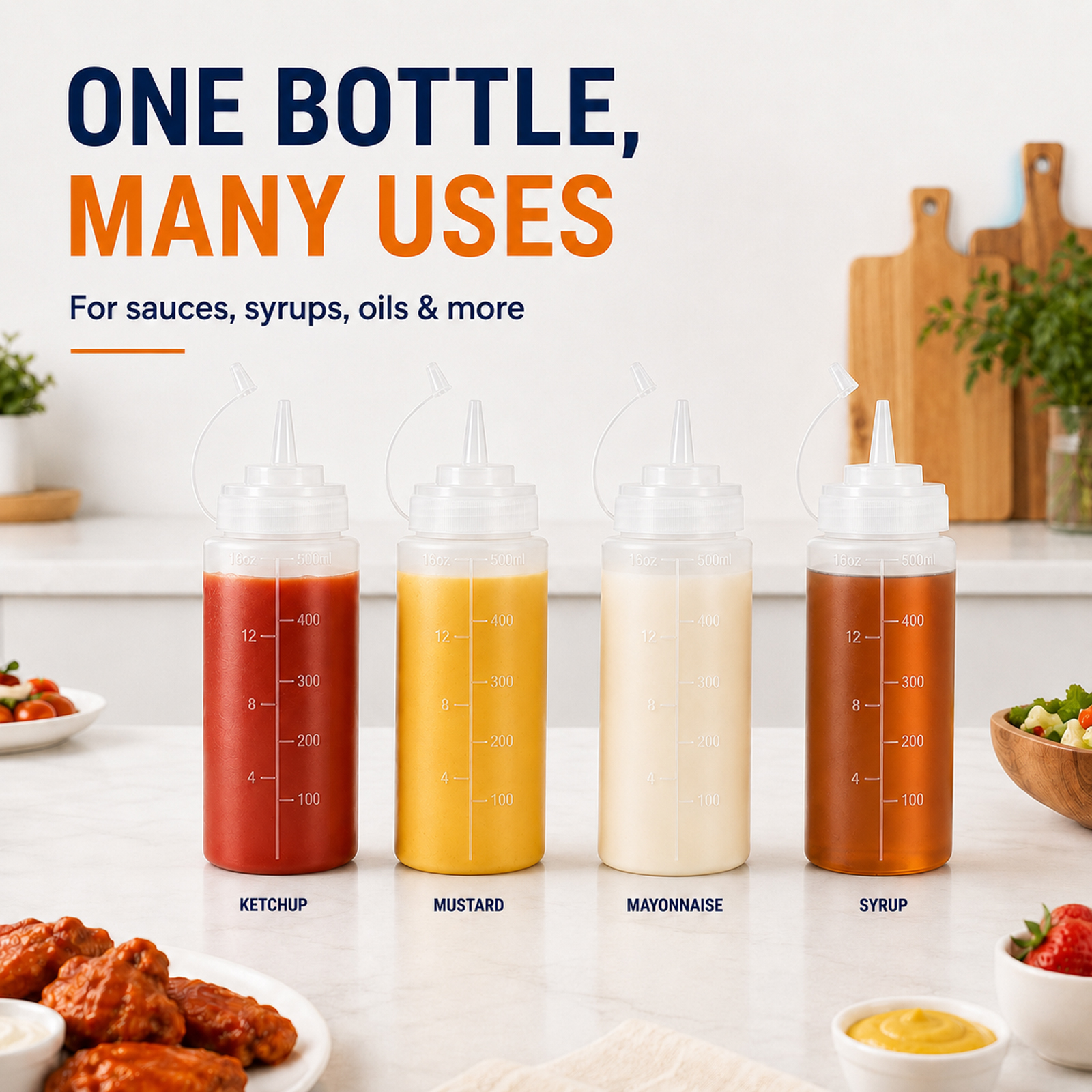 6 Pack 16 oz Condiment Squeeze Bottles for Sauces and Oil, Plastic Sauce Squeeze Bottle for Ketchup, Mustard, Mayo, Pancake Batter and Kitchen Condiments, Translucent - Image 8