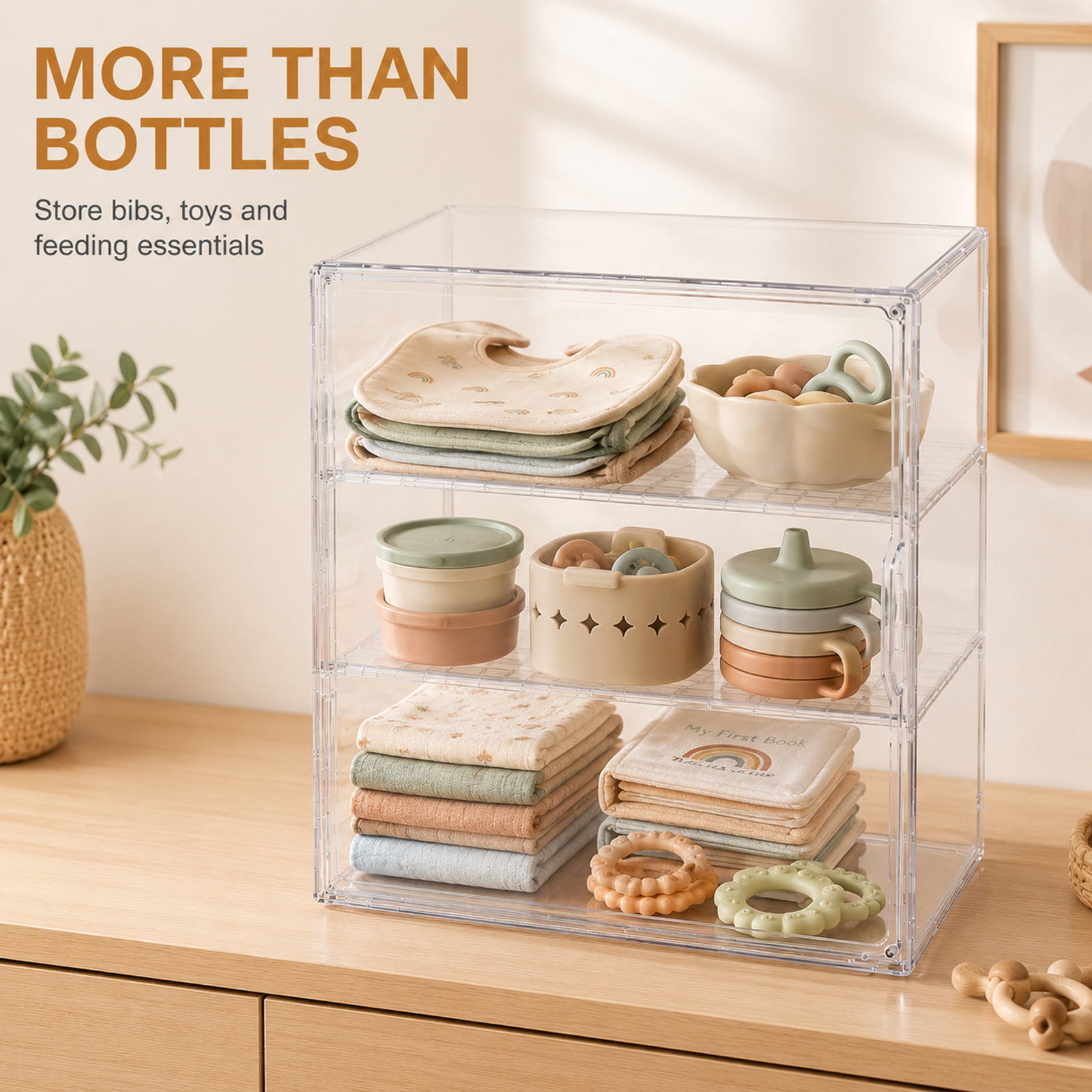 Clear Baby Bottle Storage Organizer, 3-Tier Acrylic Countertop Cabinet Organizer with Adjustable Shelves, Removable Dividers and Magnetic Door - Image 8