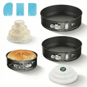 3-Piece Springform Cake Pan Set with Bonus Tools - 5"/7"/9" Round Nonstick Bakeware for Cheesecake, Layer Cakes & Quiche, Includes Parchment Liners & Spatulas