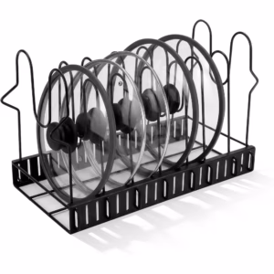 Expandable Pot Lid Organizer for Cabinet, 12"-23" Adjustable Pots & Pans Lid Rack with 8 Dividers, Under Cabinet Storage for Bakeware, Cutting Boards & Lids, Black