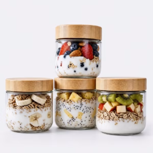 Overnight Oats Containers with Lids Glass, 10 oz Glass Food Storage Jars with Airtight Bamboo Lids, Wide Mouth Overnight Oats Jars for Yogurt Chia Pudding Meal Prep, 4 Pack
