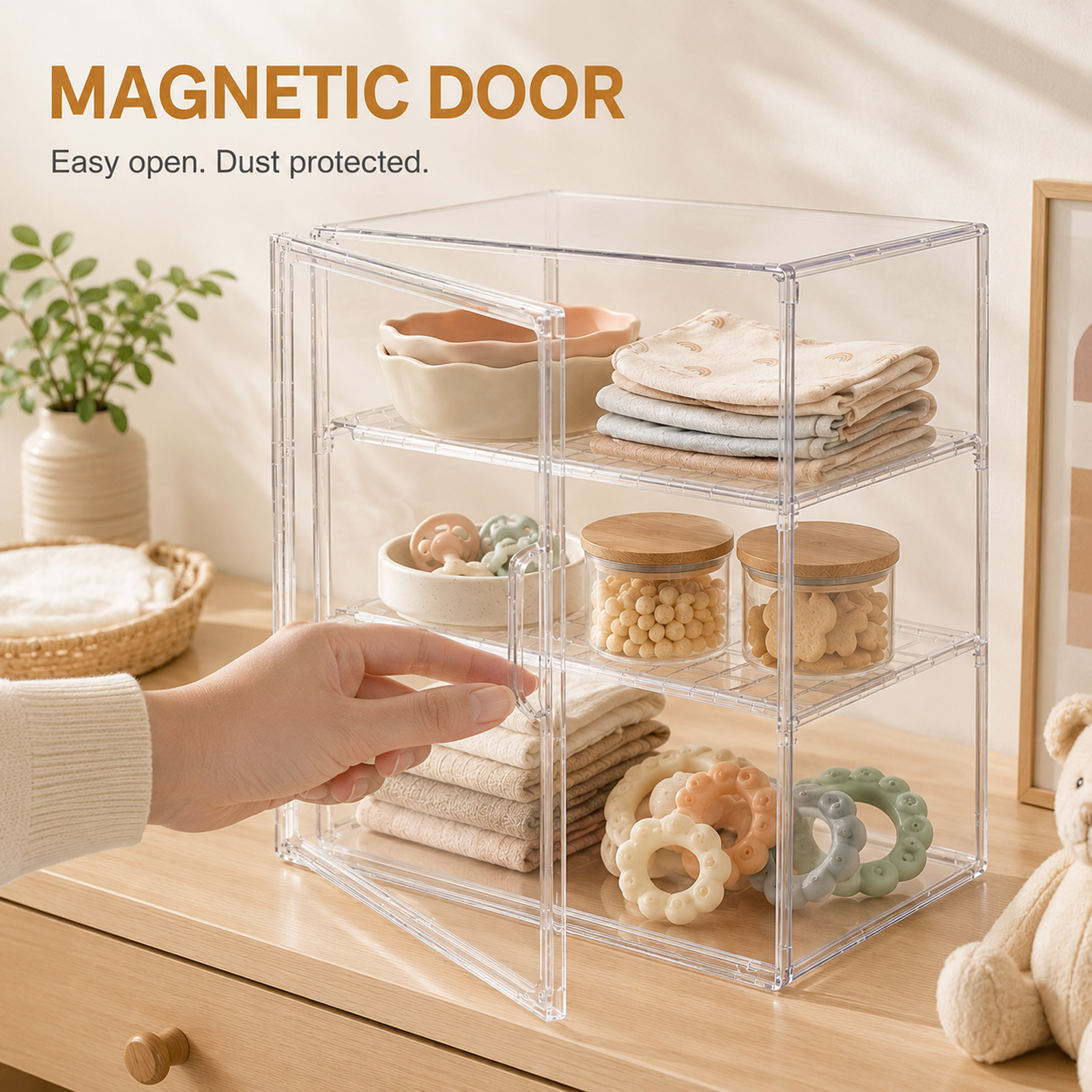Clear Baby Bottle Storage Organizer, 3-Tier Acrylic Countertop Cabinet Organizer with Adjustable Shelves, Removable Dividers and Magnetic Door - Image 9