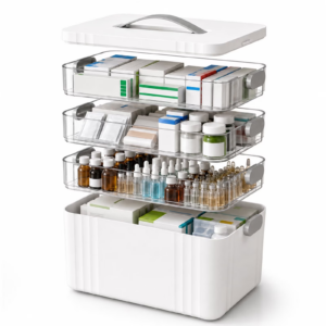4-Tier Medicine Organizer with Handle, Portable Medicine Box with Handle with Removable Trays, Medicine Organizer Box for Home, 13.4 x 8.66 x 11.6 In, White