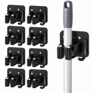 Stainless Steel Broom Holder Wall Mount, Drill-Mounted Mop and Broom Holder with 4 Grippers & 4 Hooks, Heavy Duty Tool Organizer Rack for Garage, Laundry Room, Kitchen, Garden and Shed, Black