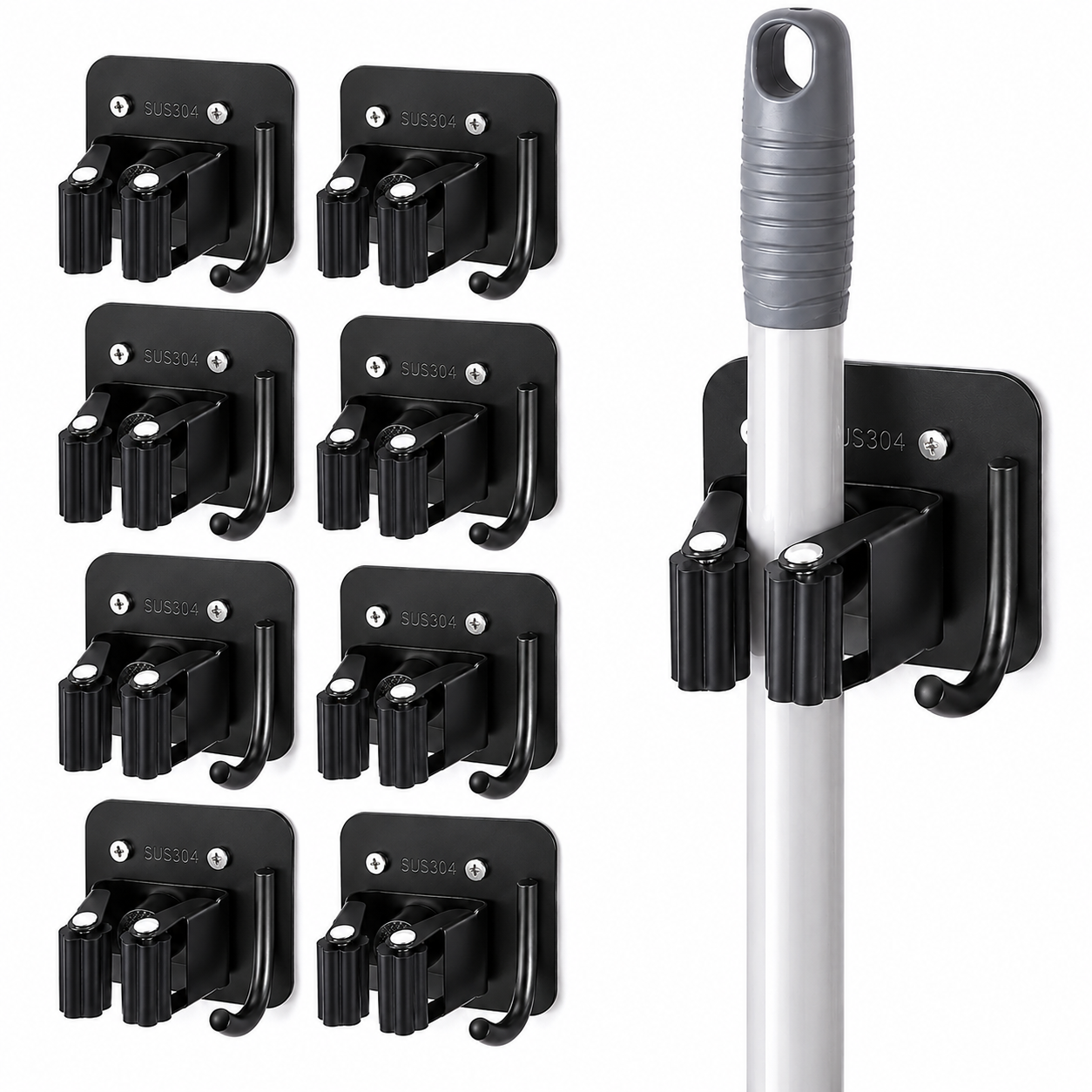 Stainless Steel Broom Holder Wall Mount, Drill-Mounted Mop and Broom Holder with 4 Grippers & 4 Hooks, Heavy Duty Tool Organizer Rack for Garage, Laundry Room, Kitchen, Garden and Shed, Black