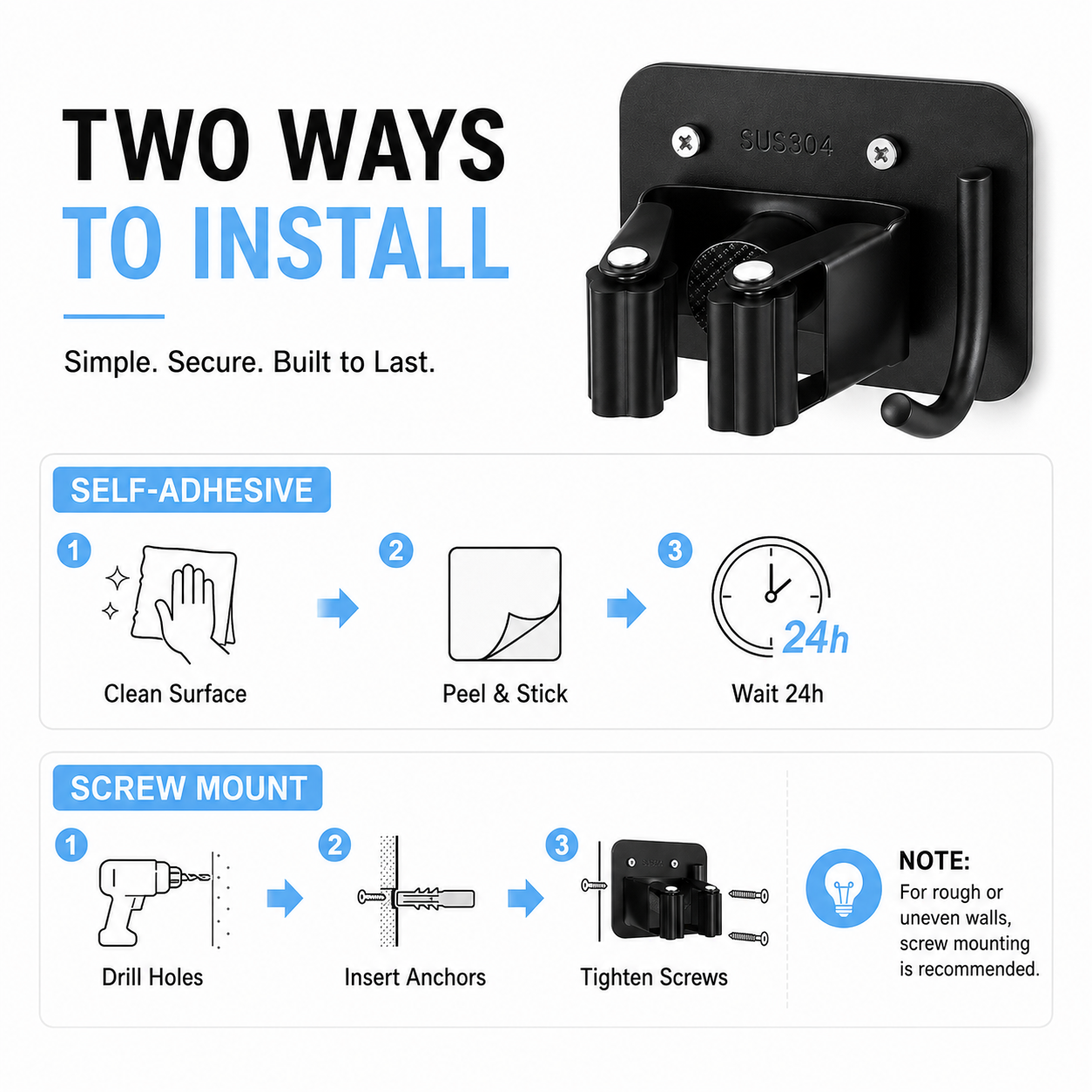 Stainless Steel Broom Holder Wall Mount, Drill-Mounted Mop and Broom Holder with 4 Grippers & 4 Hooks, Heavy Duty Tool Organizer Rack for Garage, Laundry Room, Kitchen, Garden and Shed, Black - Image 8