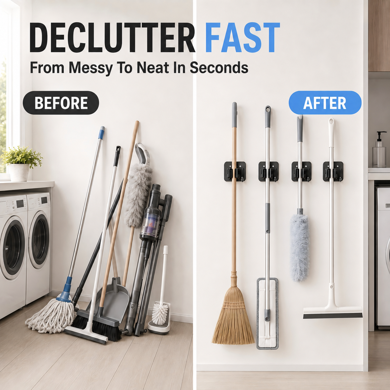 Stainless Steel Broom Holder Wall Mount, Drill-Mounted Mop and Broom Holder with 4 Grippers & 4 Hooks, Heavy Duty Tool Organizer Rack for Garage, Laundry Room, Kitchen, Garden and Shed, Black - Image 2