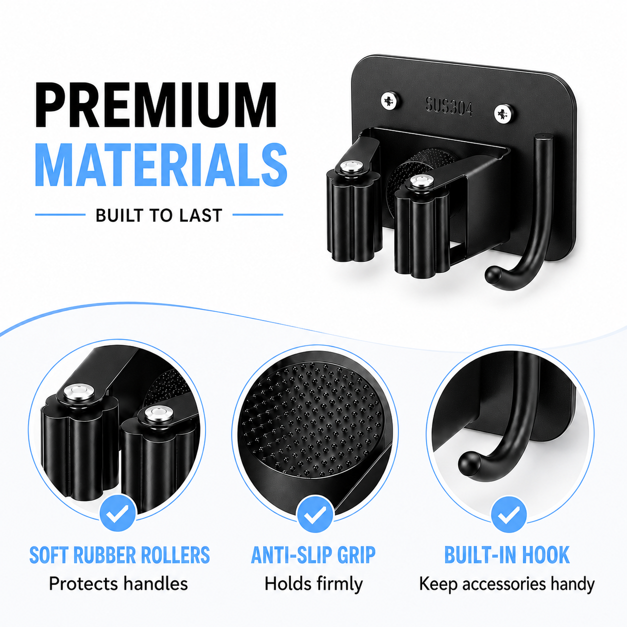 Stainless Steel Broom Holder Wall Mount, Drill-Mounted Mop and Broom Holder with 4 Grippers & 4 Hooks, Heavy Duty Tool Organizer Rack for Garage, Laundry Room, Kitchen, Garden and Shed, Black - Image 3