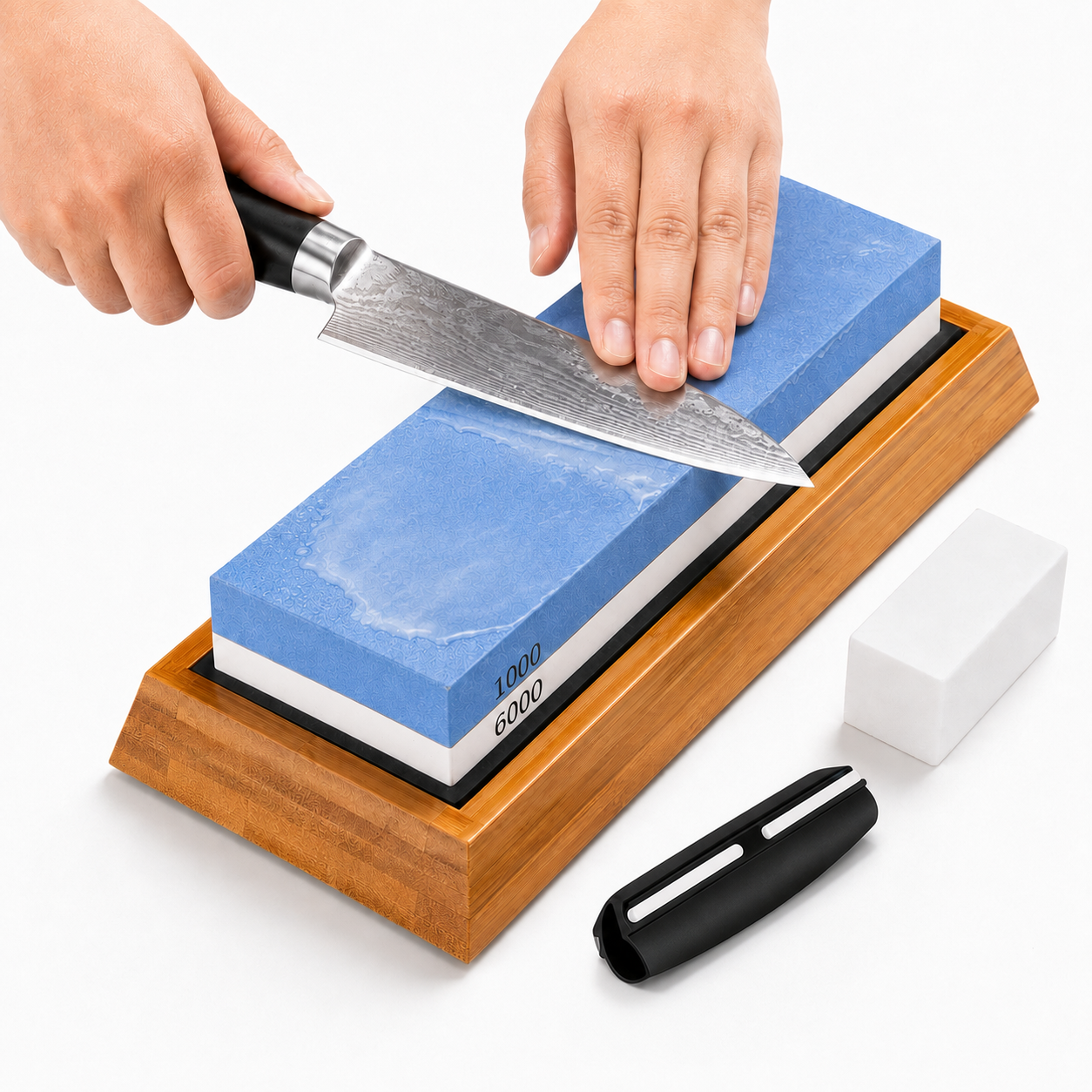 Whetstone Knife Sharpening Kit, 1000/6000 Grit Double-Sided Sharpening Stone with Bamboo Base, Silicone Holder, Angle Guide and Flattening Stone, Blue/White