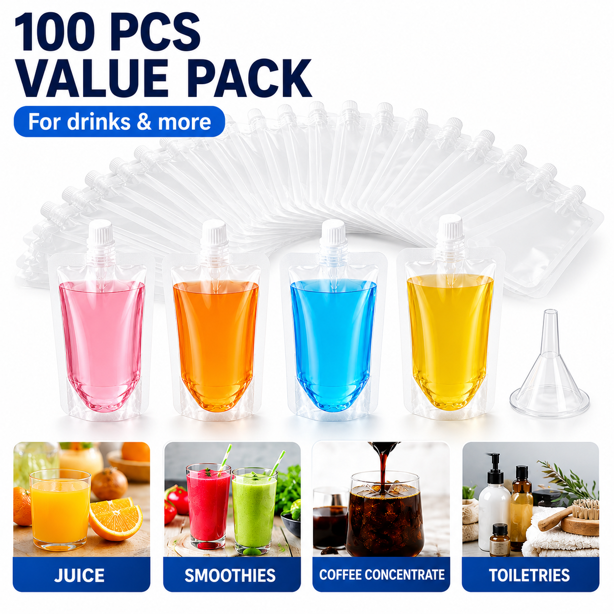100 Pcs Plastic Drink Pouches, 3.5 oz Clear Leak-Resistant Disposable Juice Bags with Screw Caps and 2 Funnels, Fillable Straight Mouth Liquid Pouches for Adults, Parties and Travel - Image 2