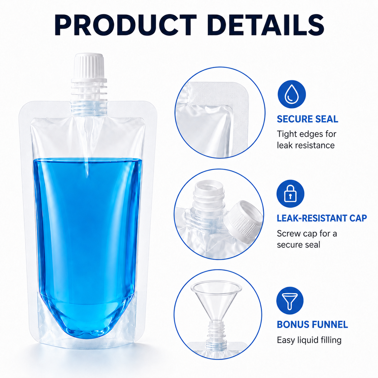 100 Pcs Plastic Drink Pouches, 3.5 oz Clear Leak-Resistant Disposable Juice Bags with Screw Caps and 2 Funnels, Fillable Straight Mouth Liquid Pouches for Adults, Parties and Travel - Image 3