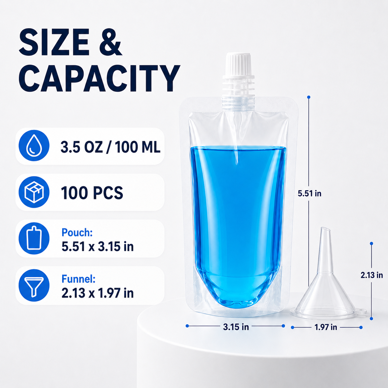 100 Pcs Plastic Drink Pouches, 3.5 oz Clear Leak-Resistant Disposable Juice Bags with Screw Caps and 2 Funnels, Fillable Straight Mouth Liquid Pouches for Adults, Parties and Travel - Image 6