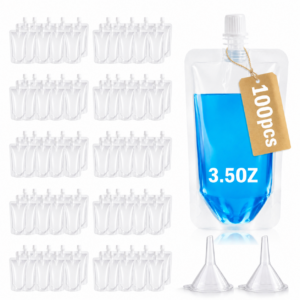 100 Pcs Plastic Drink Pouches, 3.5 oz Clear Leak-Resistant Disposable Juice Bags with Screw Caps and 2 Funnels, Fillable Straight Mouth Liquid Pouches for Adults, Parties and Travel