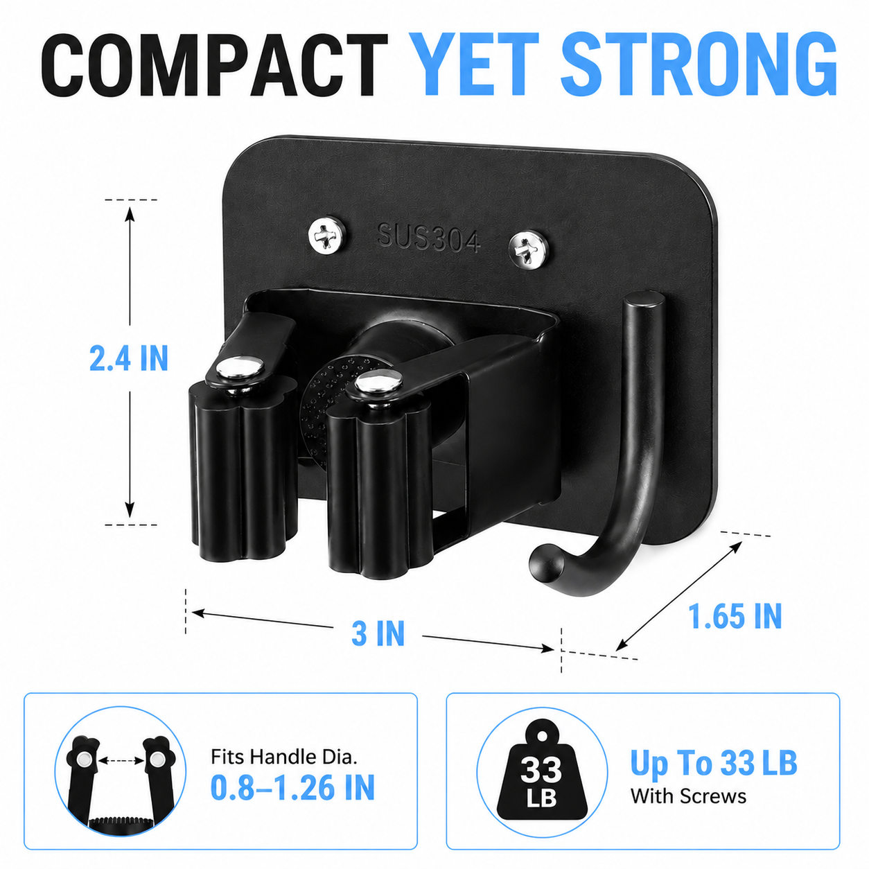 Stainless Steel Broom Holder Wall Mount, Drill-Mounted Mop and Broom Holder with 4 Grippers & 4 Hooks, Heavy Duty Tool Organizer Rack for Garage, Laundry Room, Kitchen, Garden and Shed, Black - Image 4