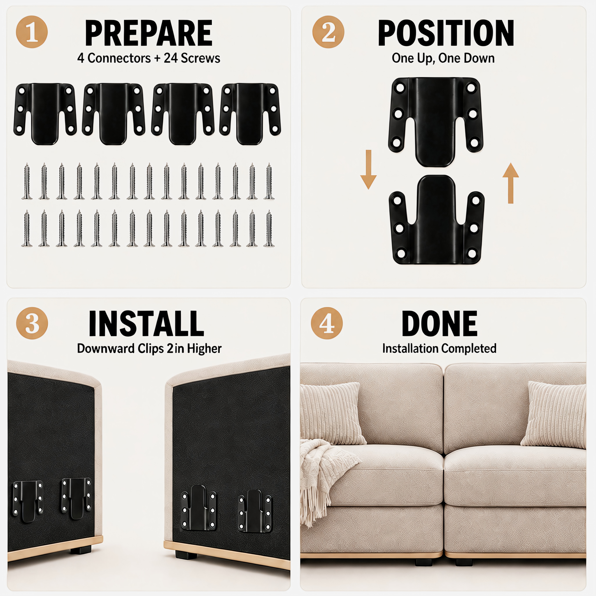 Sectional Couch Connectors, 4 Sets 8 Pieces Black Metal Sofa Connector Brackets with Screws, Interlocking Furniture Hardware for Modular Sectional Sofas - Image 4