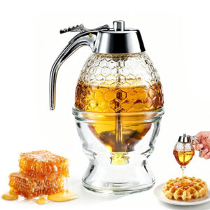 Honey Dispenser No Drip Glass, Glass Honey Dispenser No Drip with Stand, Syrup Dispenser Jar for Kitchen, Honey Syrup Pourer for Tea Coffee Breakfast, 8oz, 1 Pack