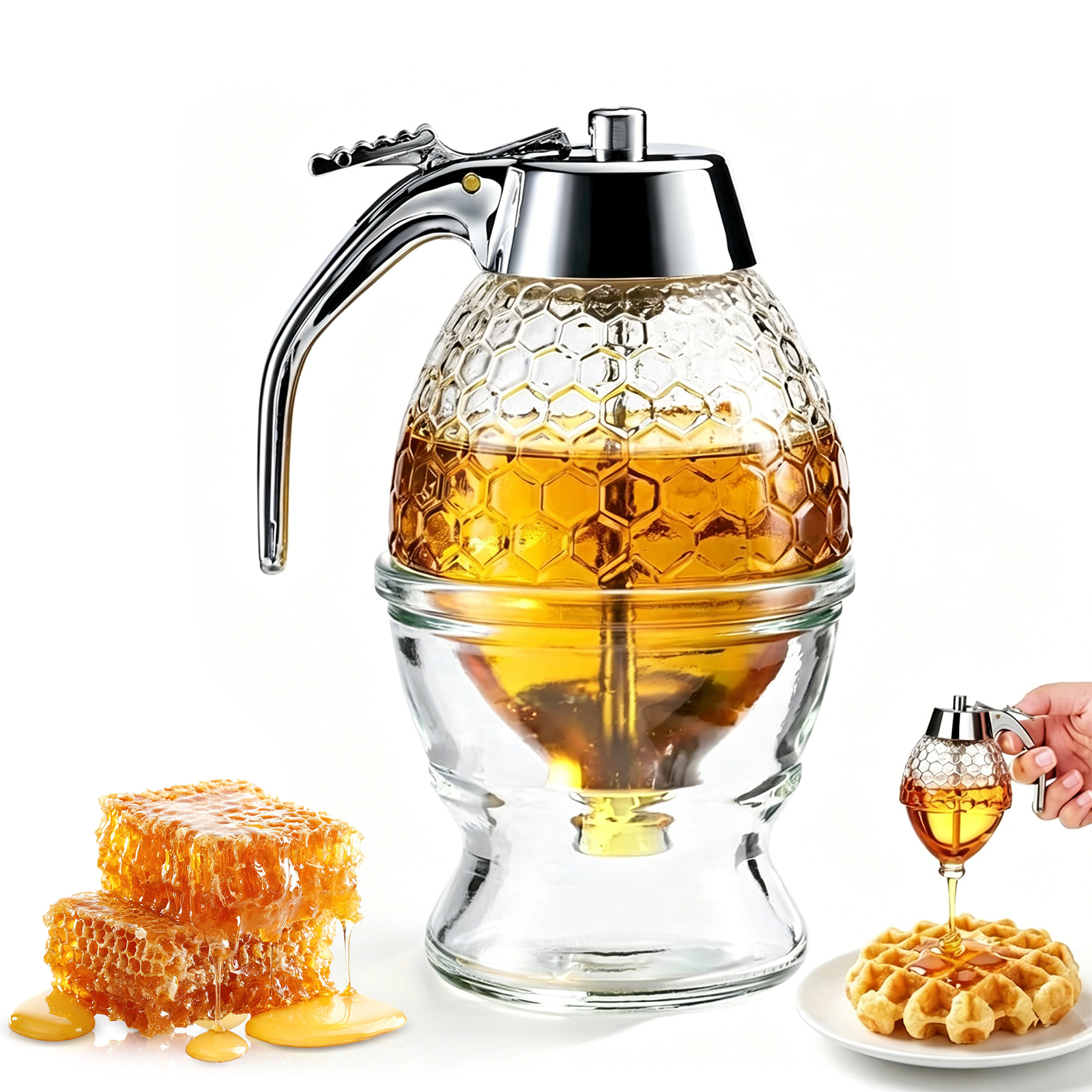 Honey Dispenser No Drip Glass, Glass Honey Dispenser No Drip with Stand, Syrup Dispenser Jar for Kitchen, Honey Syrup Pourer for Tea Coffee Breakfast, 8oz, 1 Pack